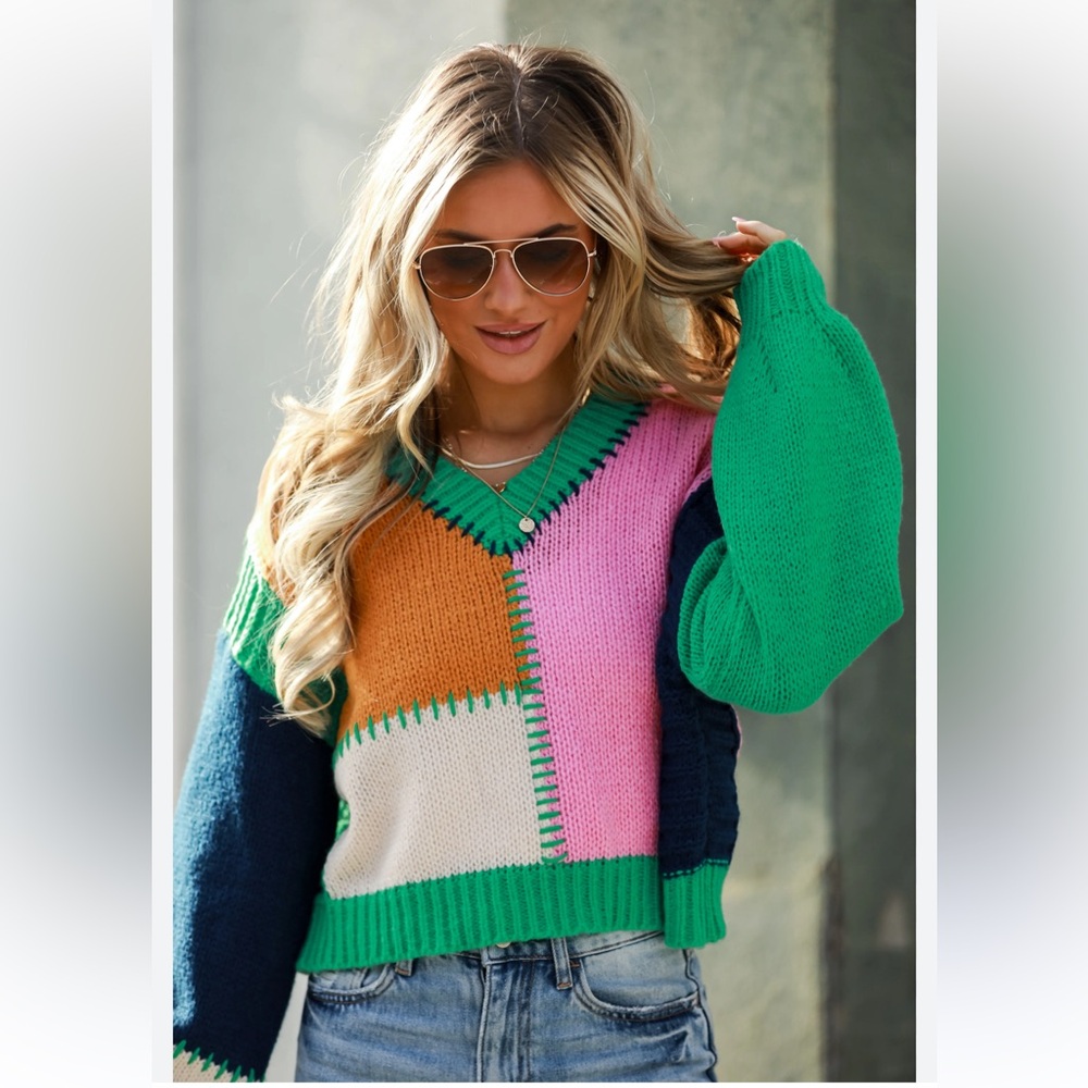 NWT Colorful Patchwork V-Neck Sweater